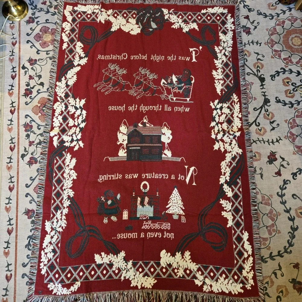 New Vtg Cotton Elegance Cotton Jacquard Throw Blanket Twas The Night Before Xmas
